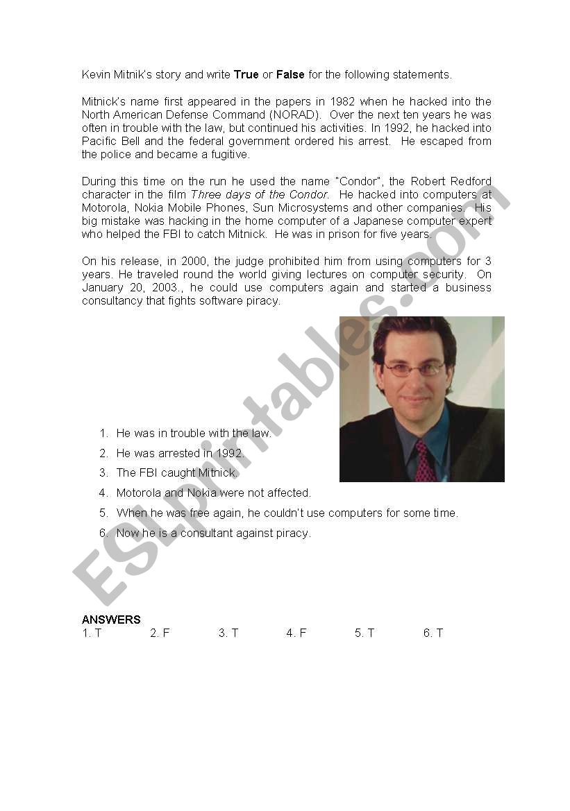 Kevin Mitniks story  worksheet