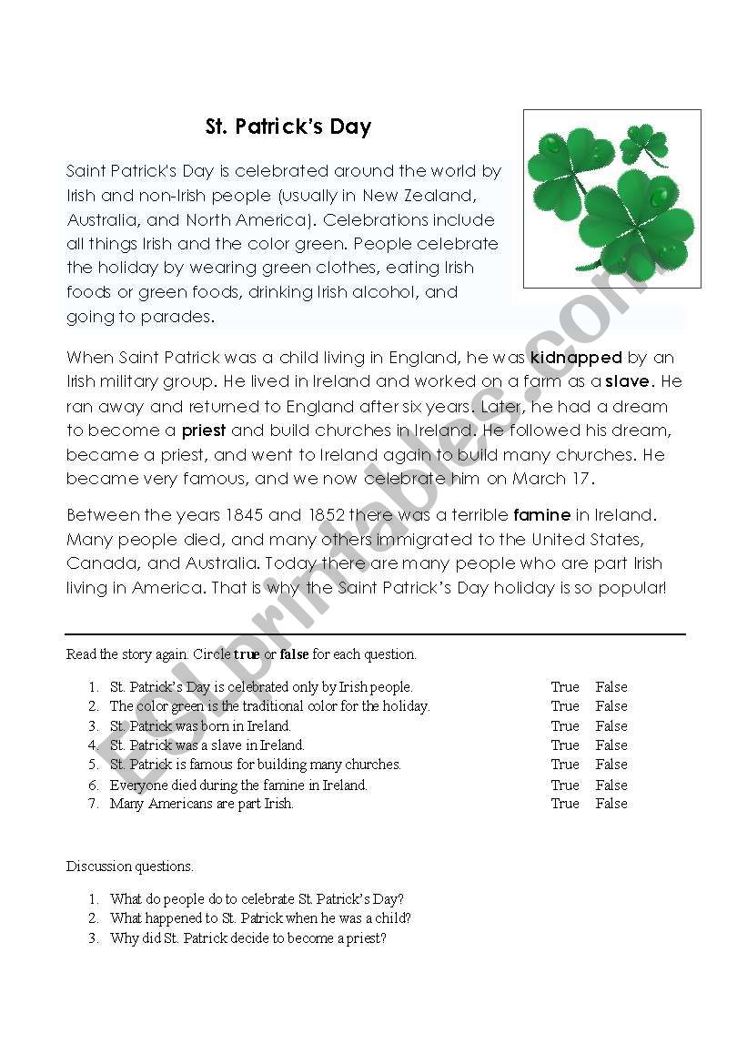 St. Patricks Day History worksheet