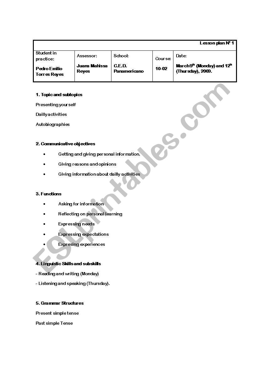 lesson Plan first class worksheet