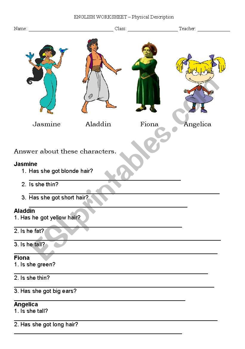 Physica description - english worksheet