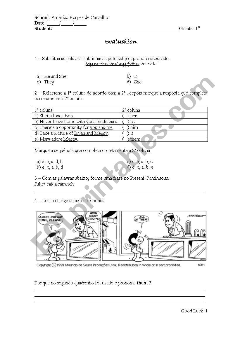 subject pronoun  worksheet