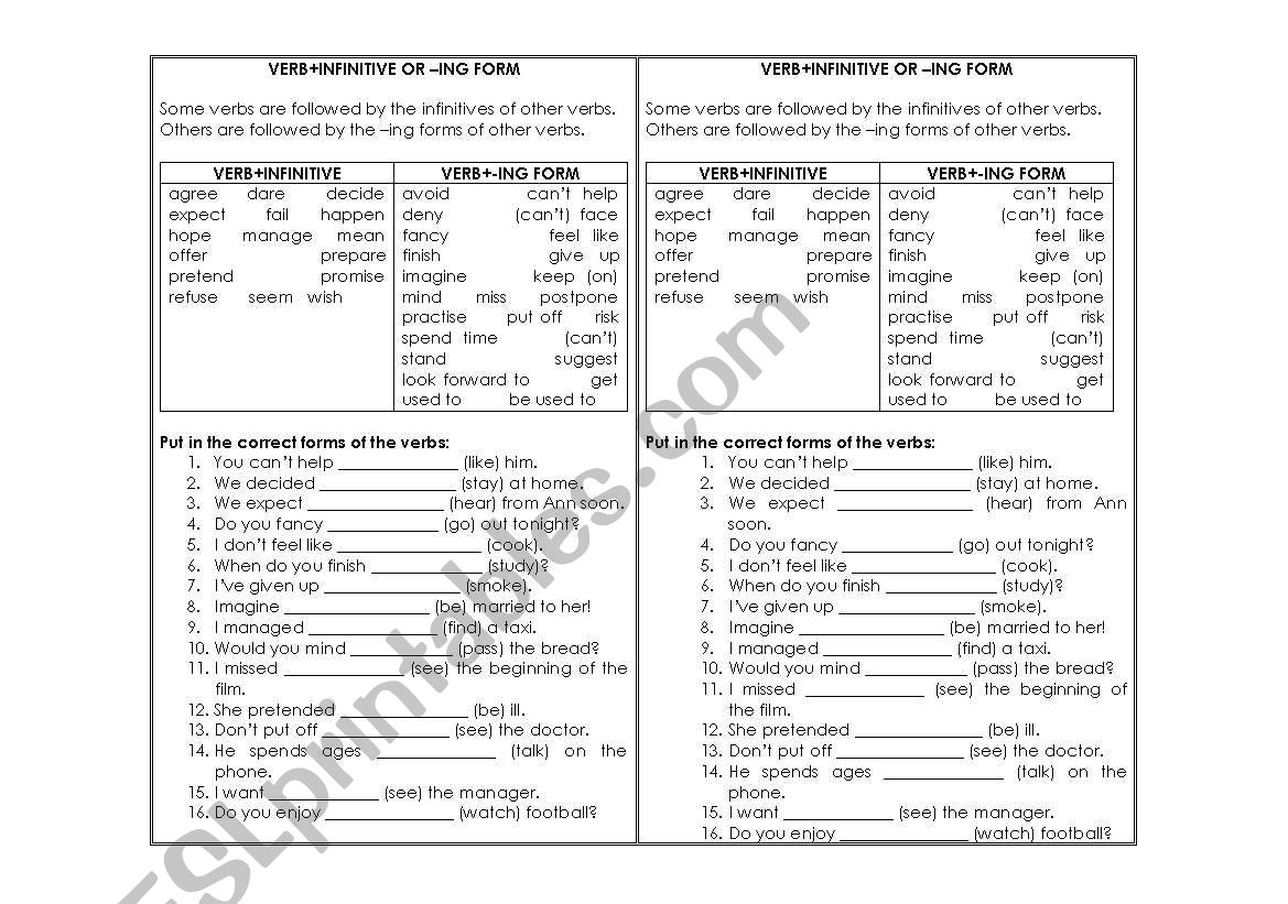 gerund and infinitive worksheet