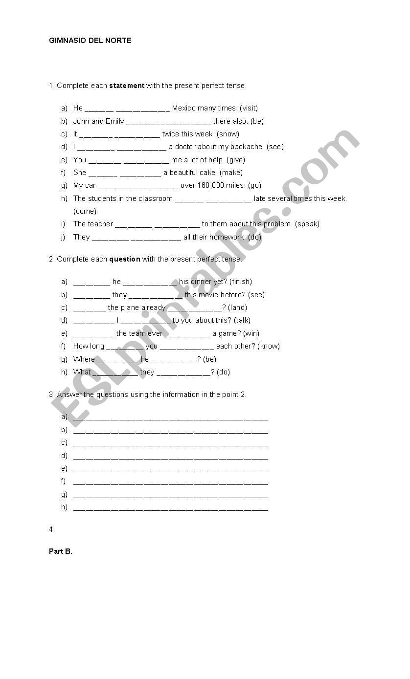 present perfec tense worksheet