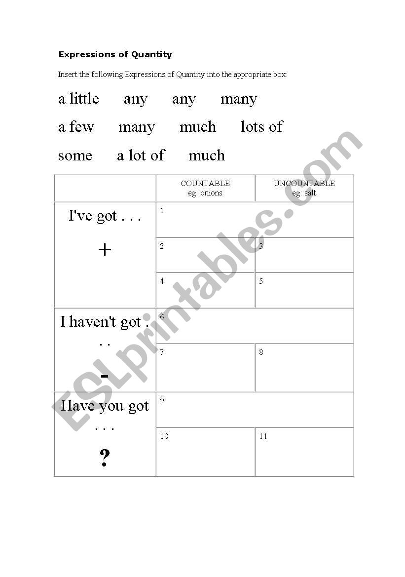expressions of quantity  worksheet
