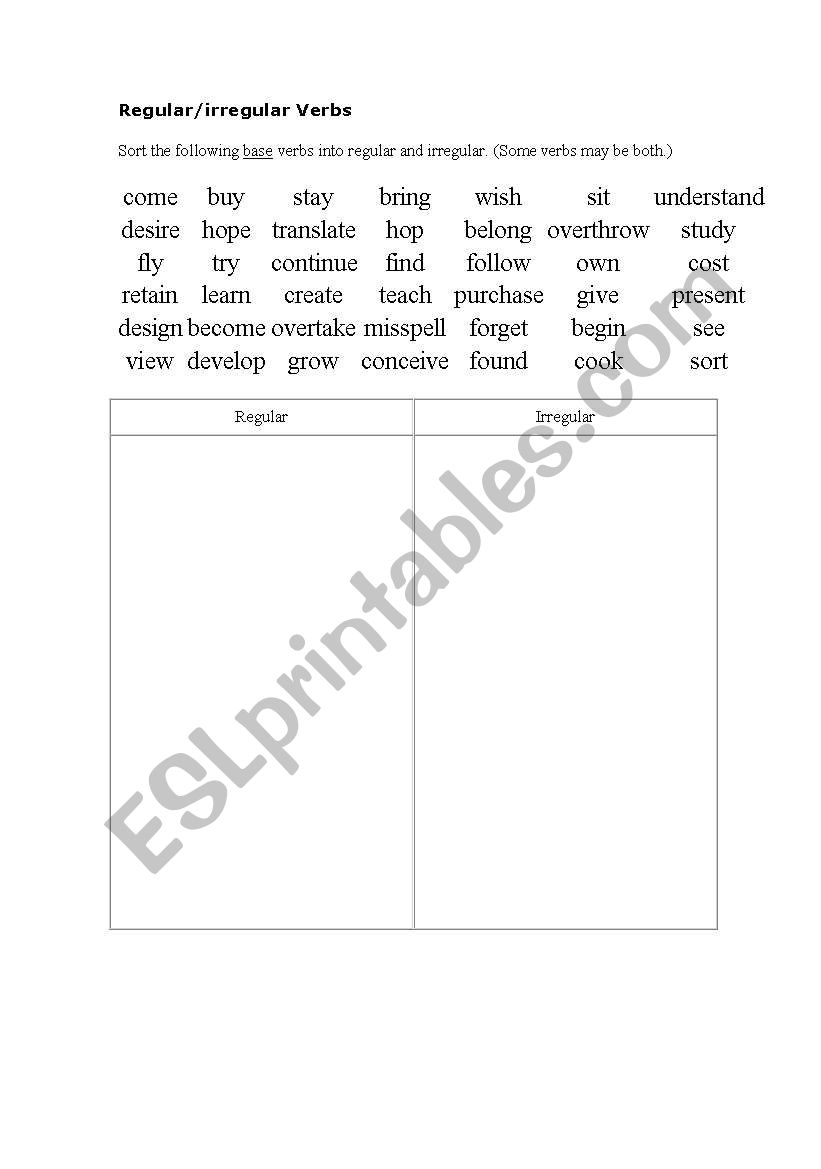 regular and irregular verbs  worksheet