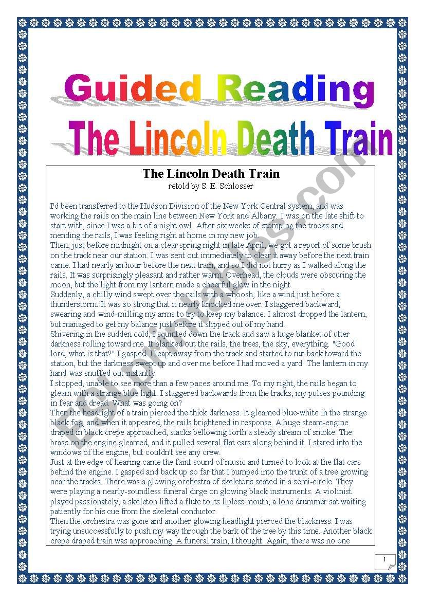 Guided reading & writing project: the Lincoln death Train (American folklore series) (complete task-based project: 6 pages, 3 skills)