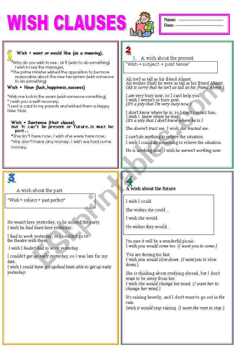  WISH CLAUSES  2 pages... worksheet