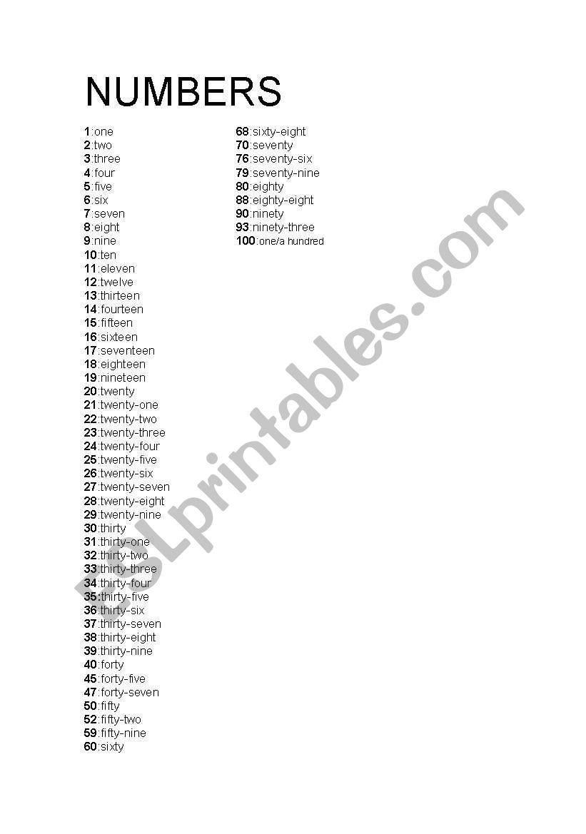 numbers worksheet