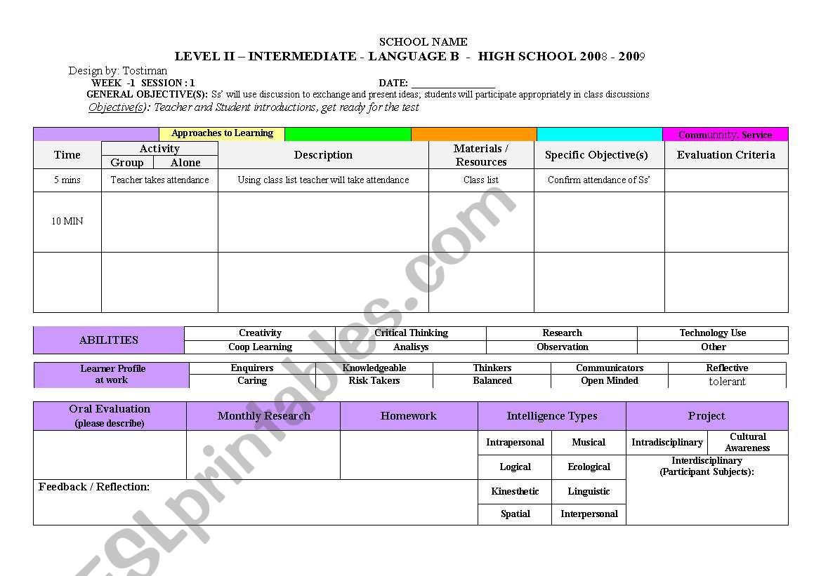 ENGLISH CLASS PLANNER worksheet