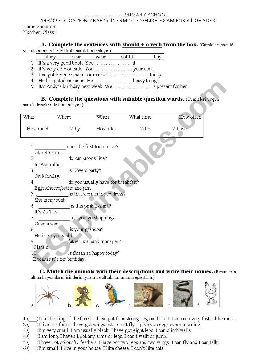 second term first written exam for 6th graders(spring-Turkish students)