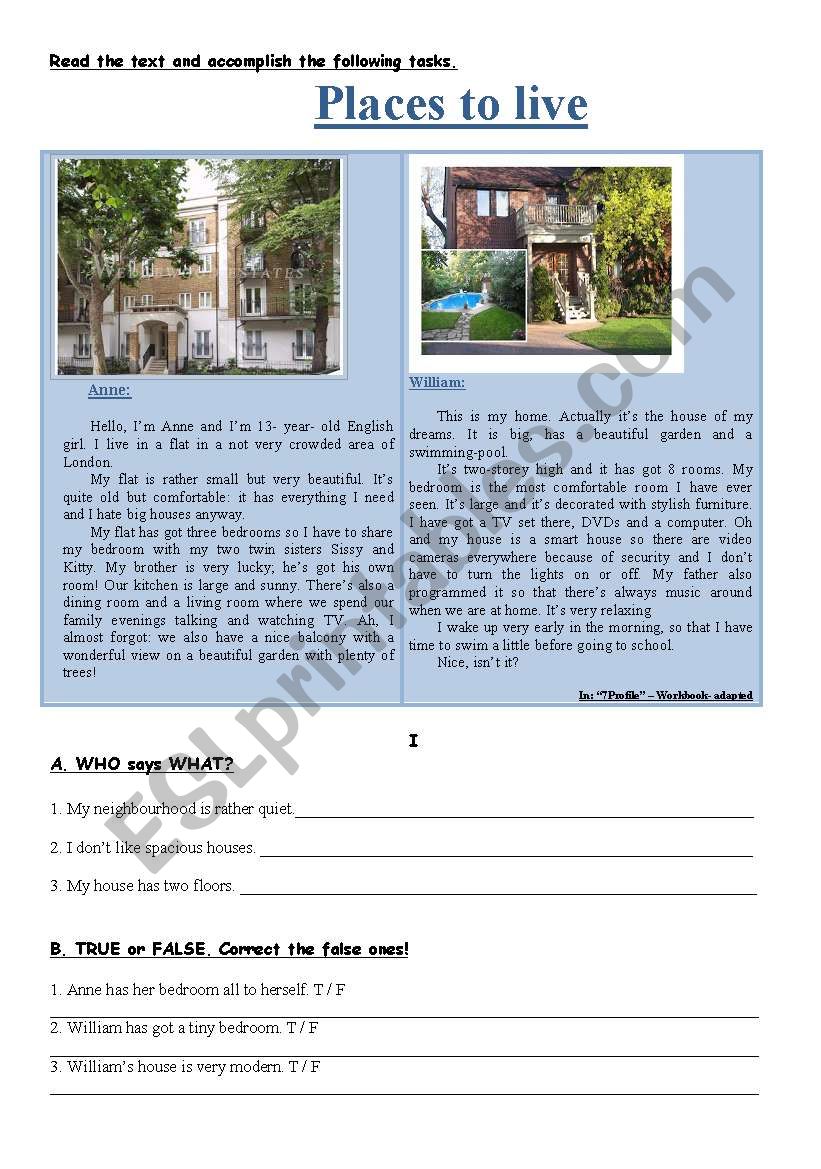 Places to Live worksheet