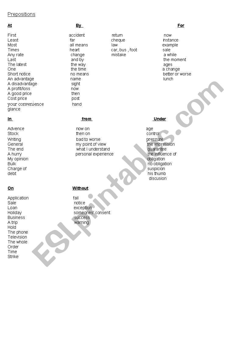 Preposition + noun worksheet