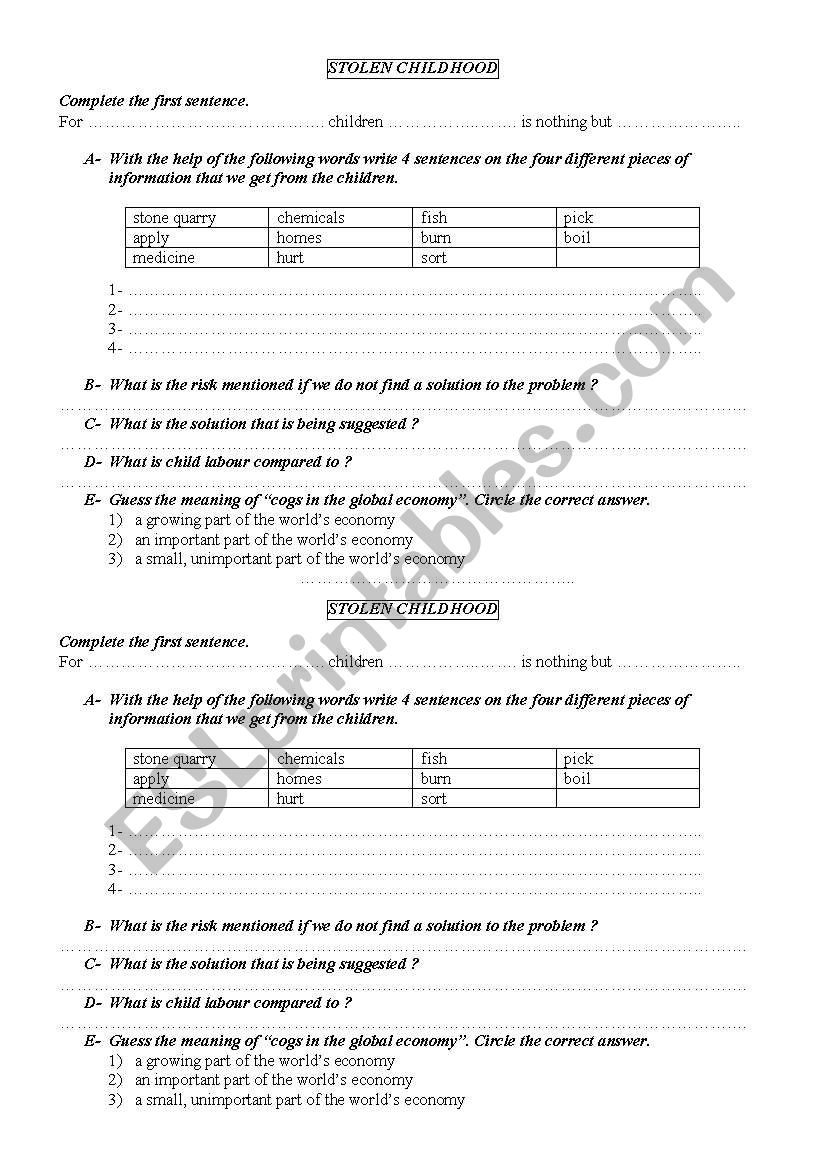 Stolen childhood worksheet