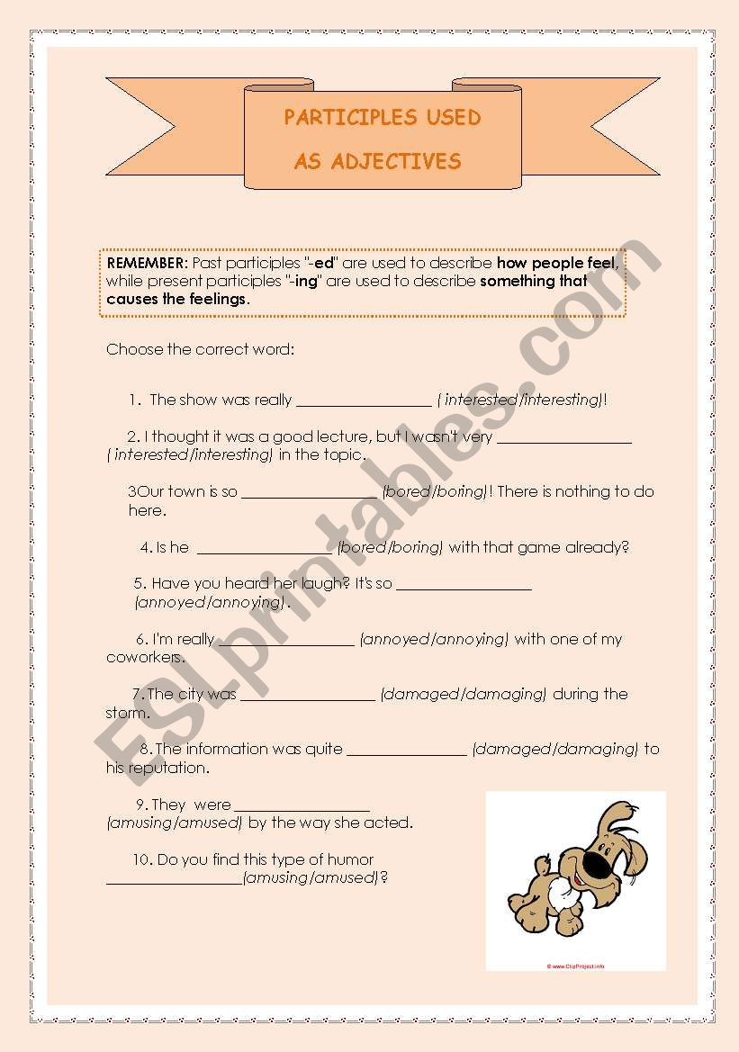 Participle used as adjectives worksheet