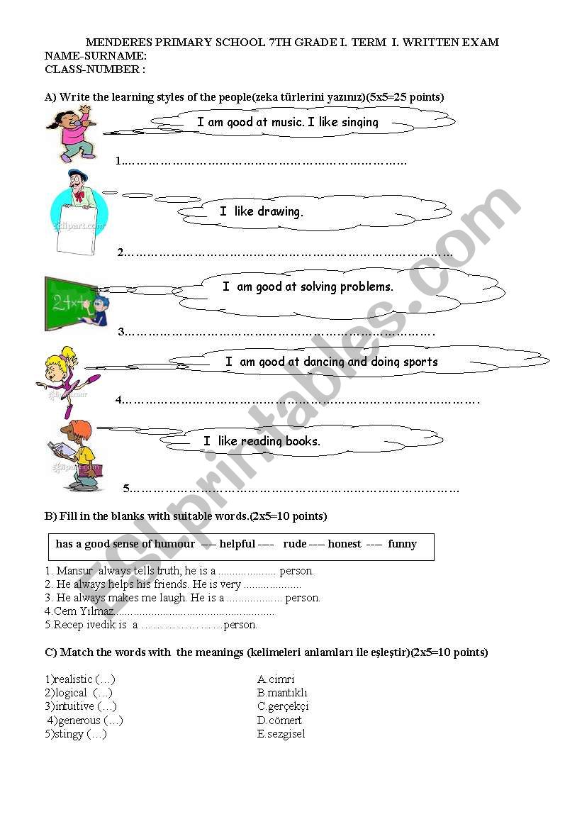 8. classes examination worksheet