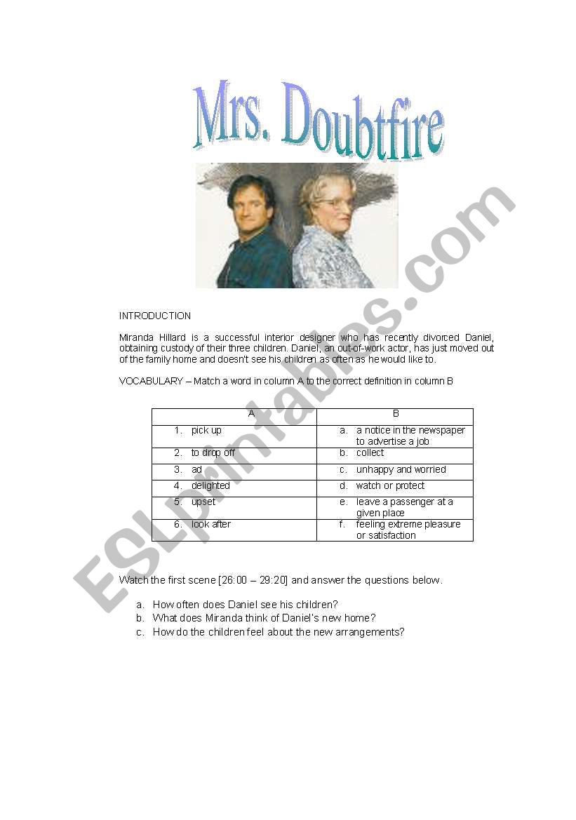 MRS. DOUBTFIRE VIDEO LESSON worksheet