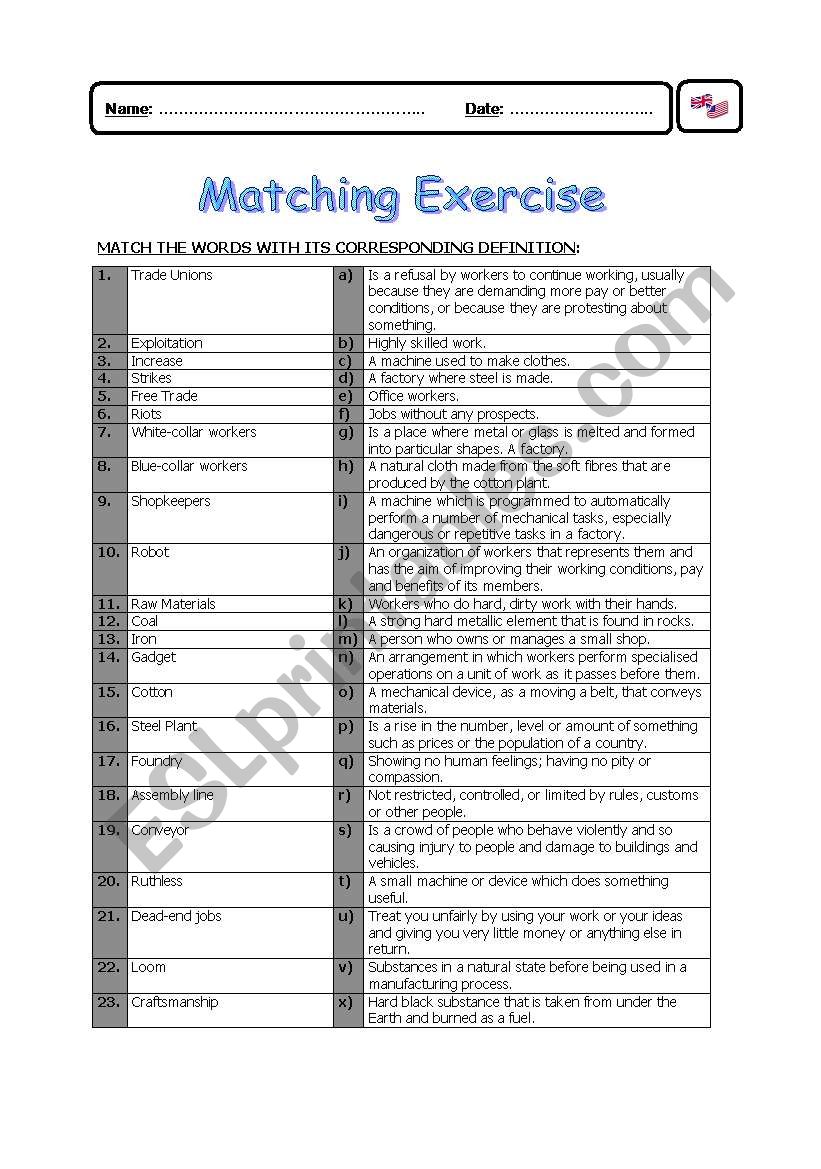 Matching Exercise - Jobs worksheet