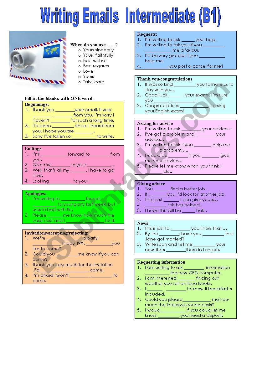 Writing emails - useful expressions (with key)