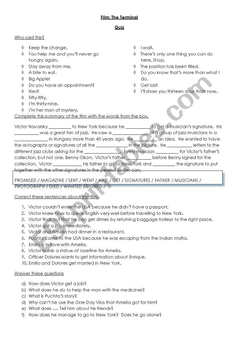 Film: THE TERMINAL - Quiz worksheet