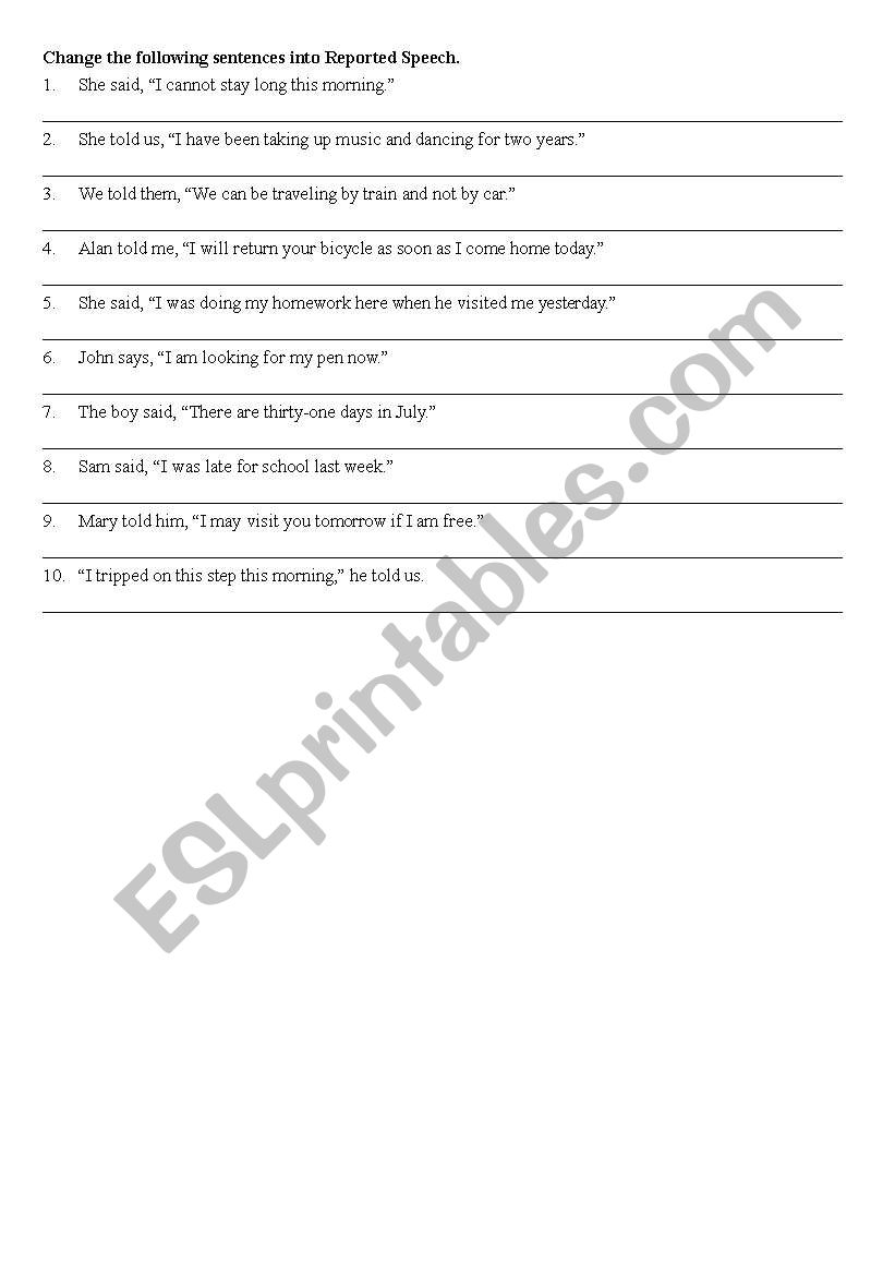 reported speech worksheet