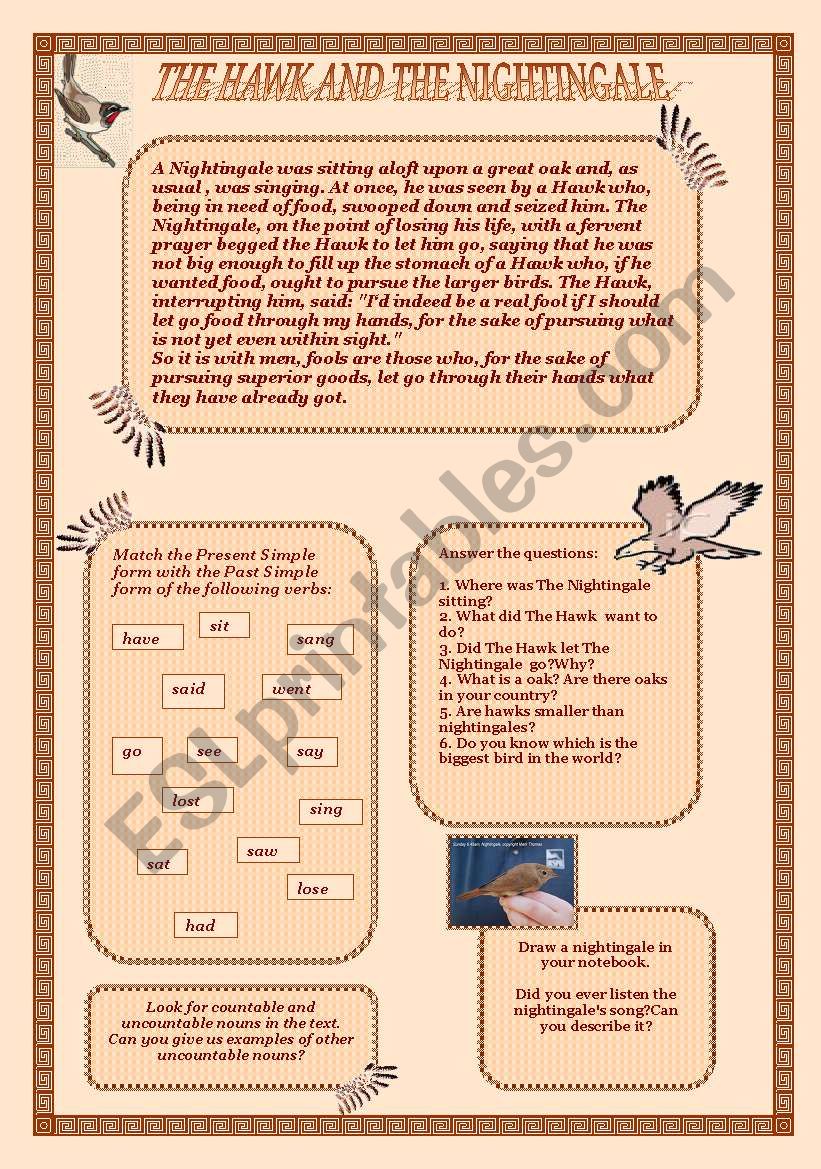 The Hawk and The Nightingale worksheet