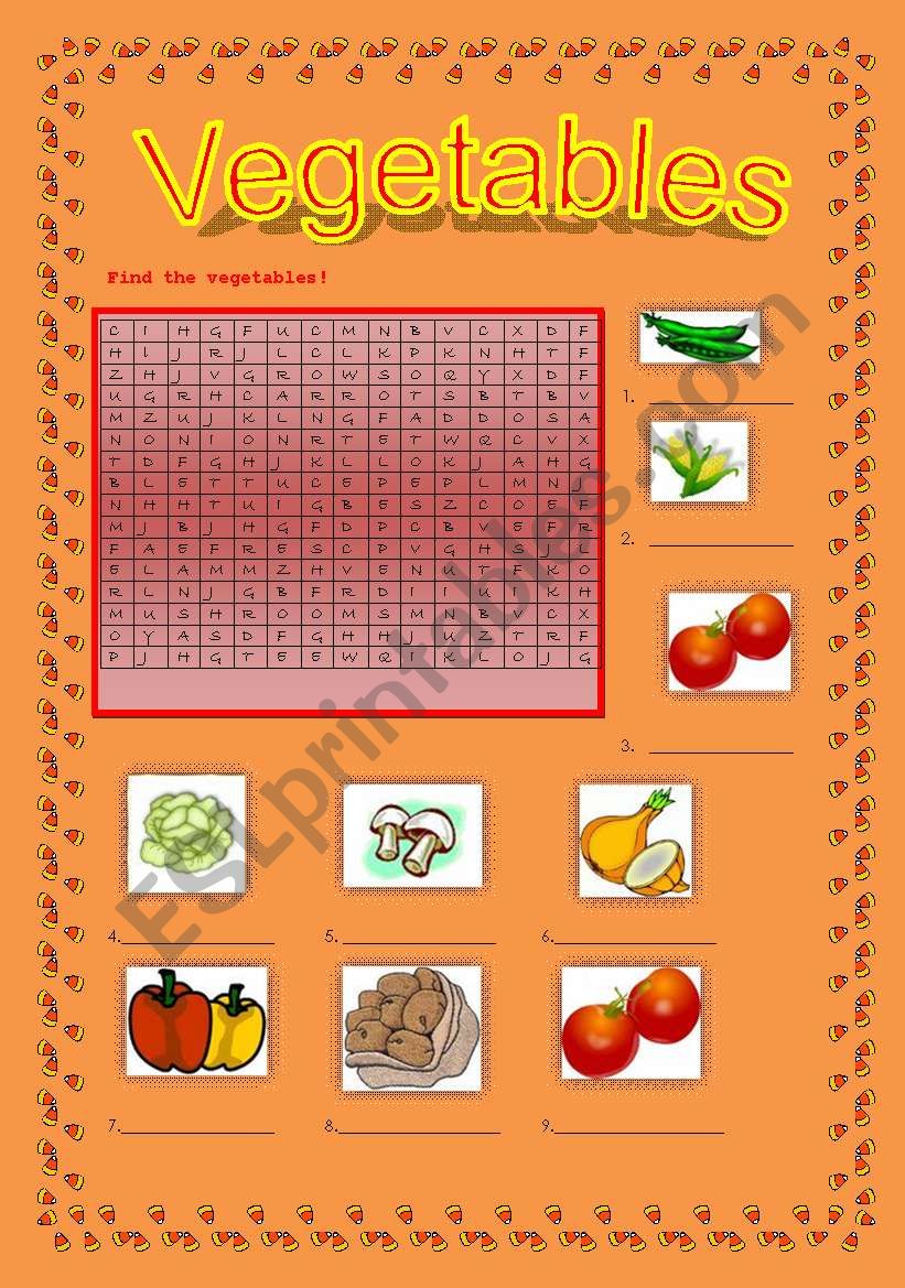 Vegetables - word grid worksheet