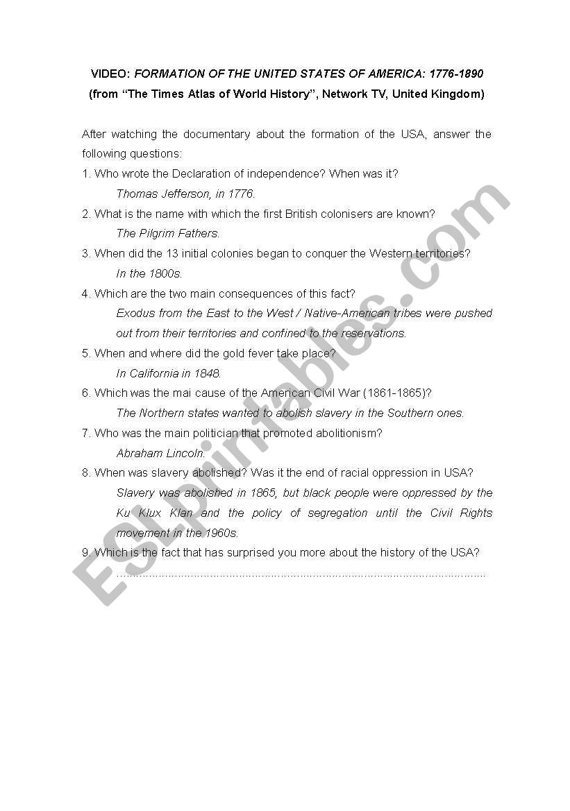 USA History worksheet