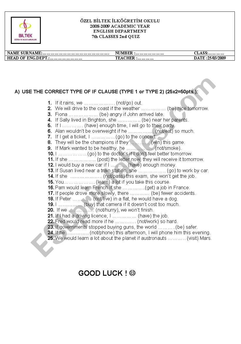 condtonals 1 and 2 worksheet