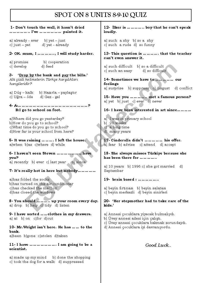 SPOT ON 8 UNITS 8-9-10 QUIZ worksheet