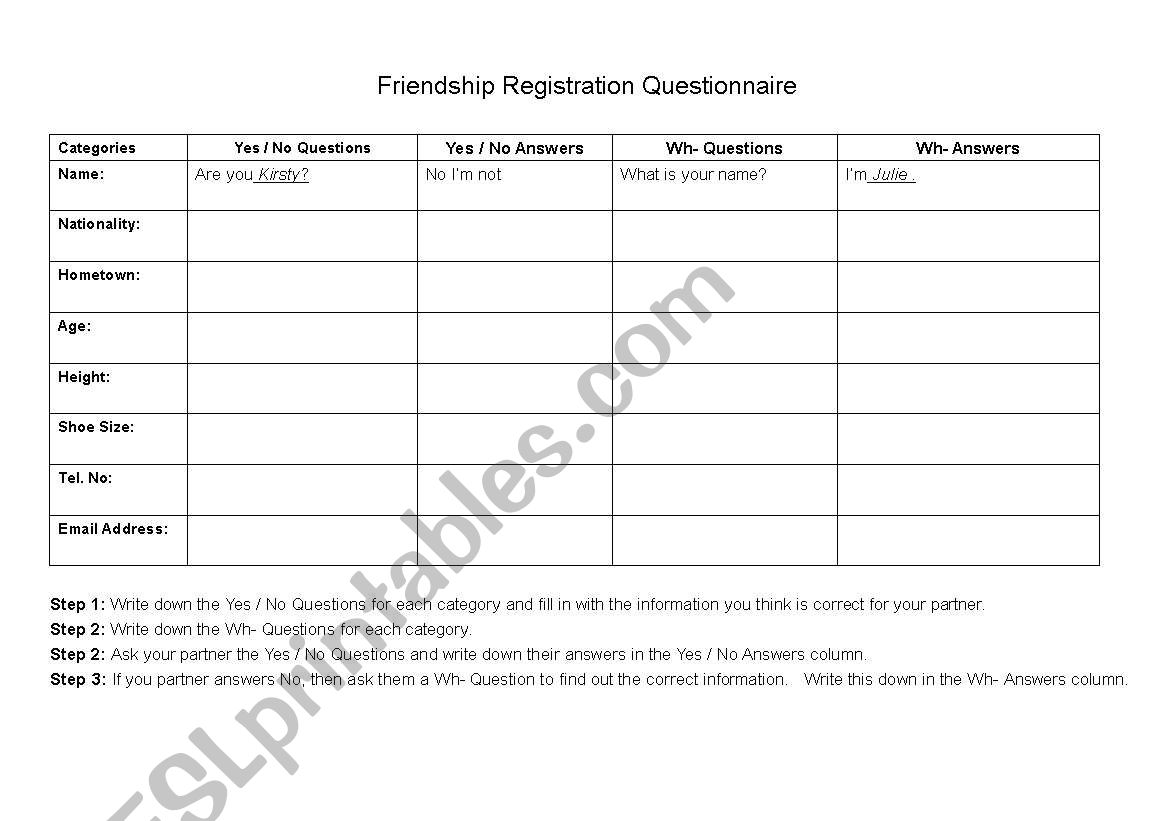 Friendship Registration Form worksheet