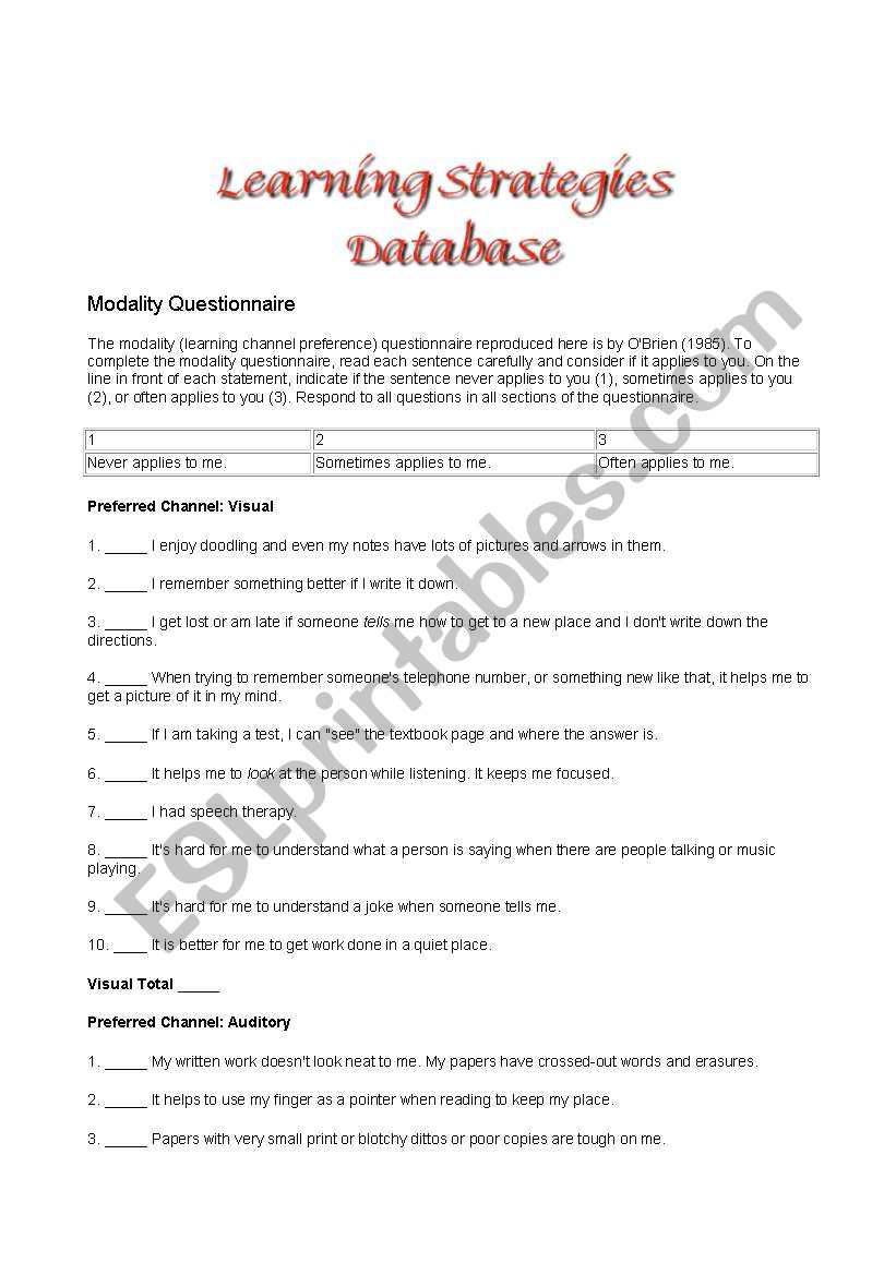 learning Strategies Database worksheet