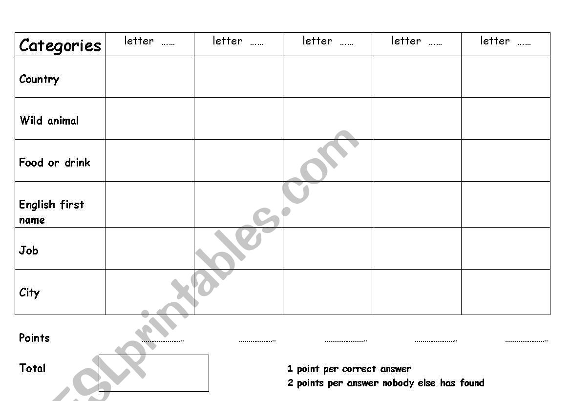Categories Game - The Category Game - Stop the Bus - ESL worksheet by  PhilipR