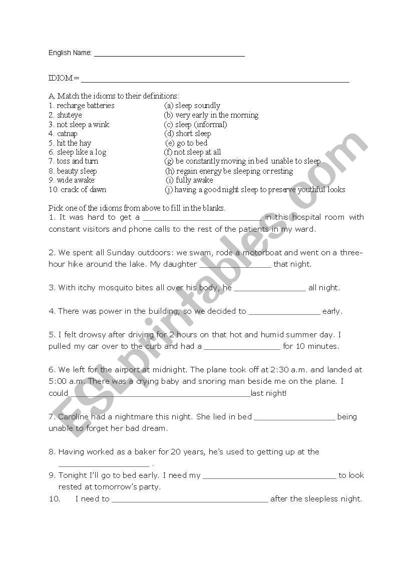 sleep idioms worksheet