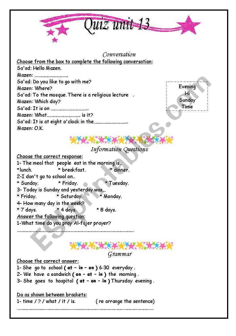 quize worksheet