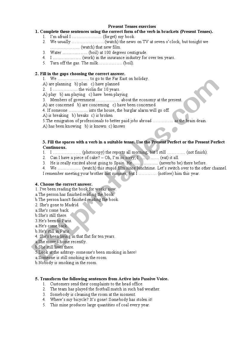 Present Tenses exercises worksheet