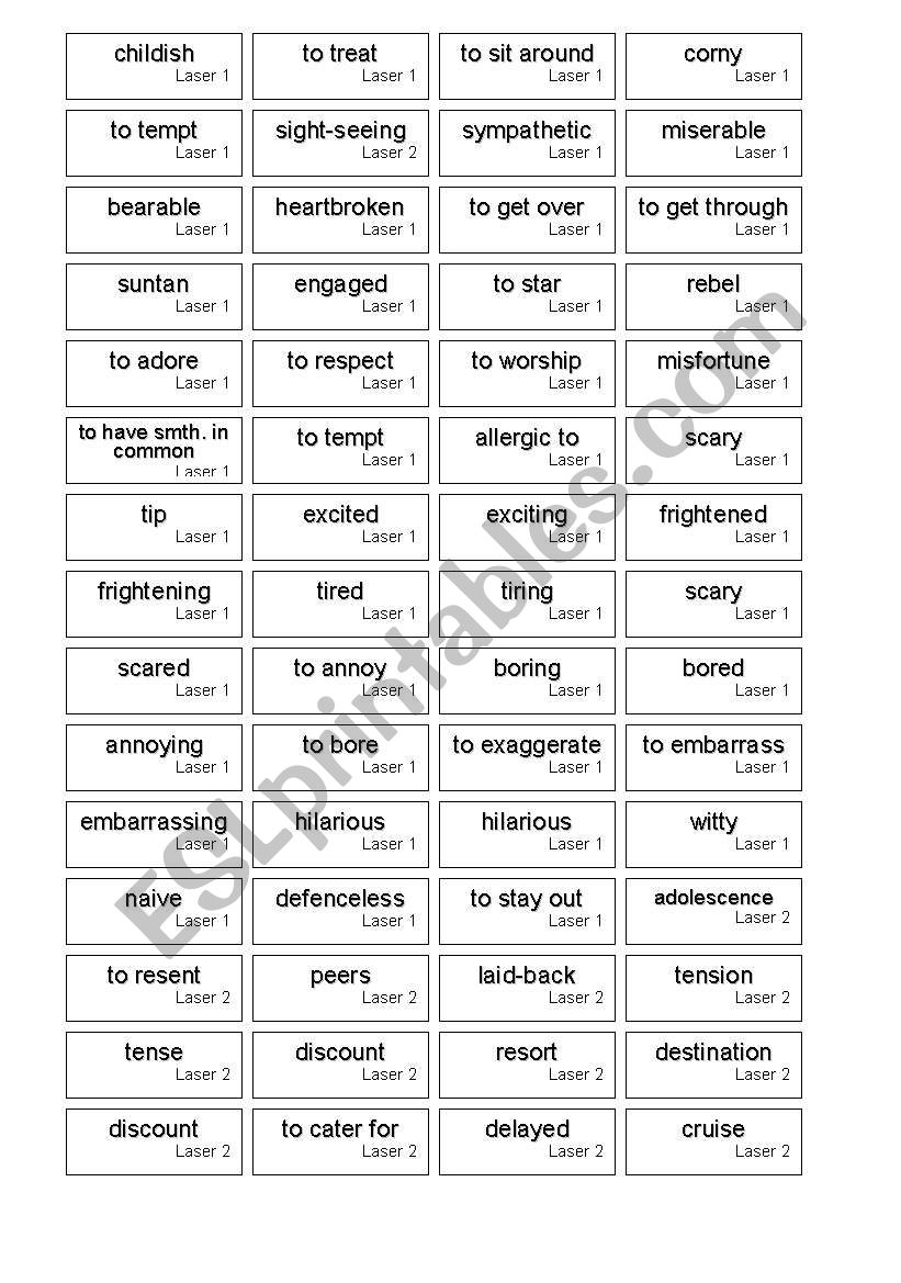 word cards for Laser FCE worksheet