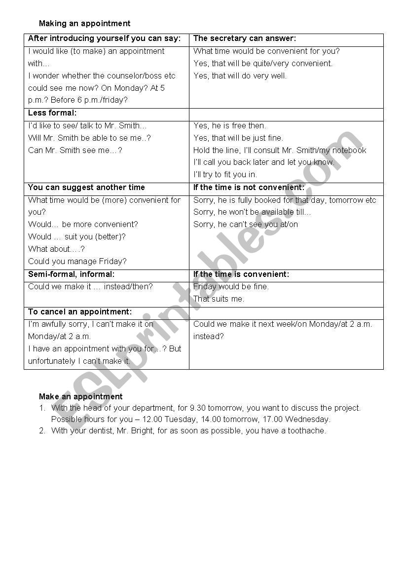 making an appointment worksheet