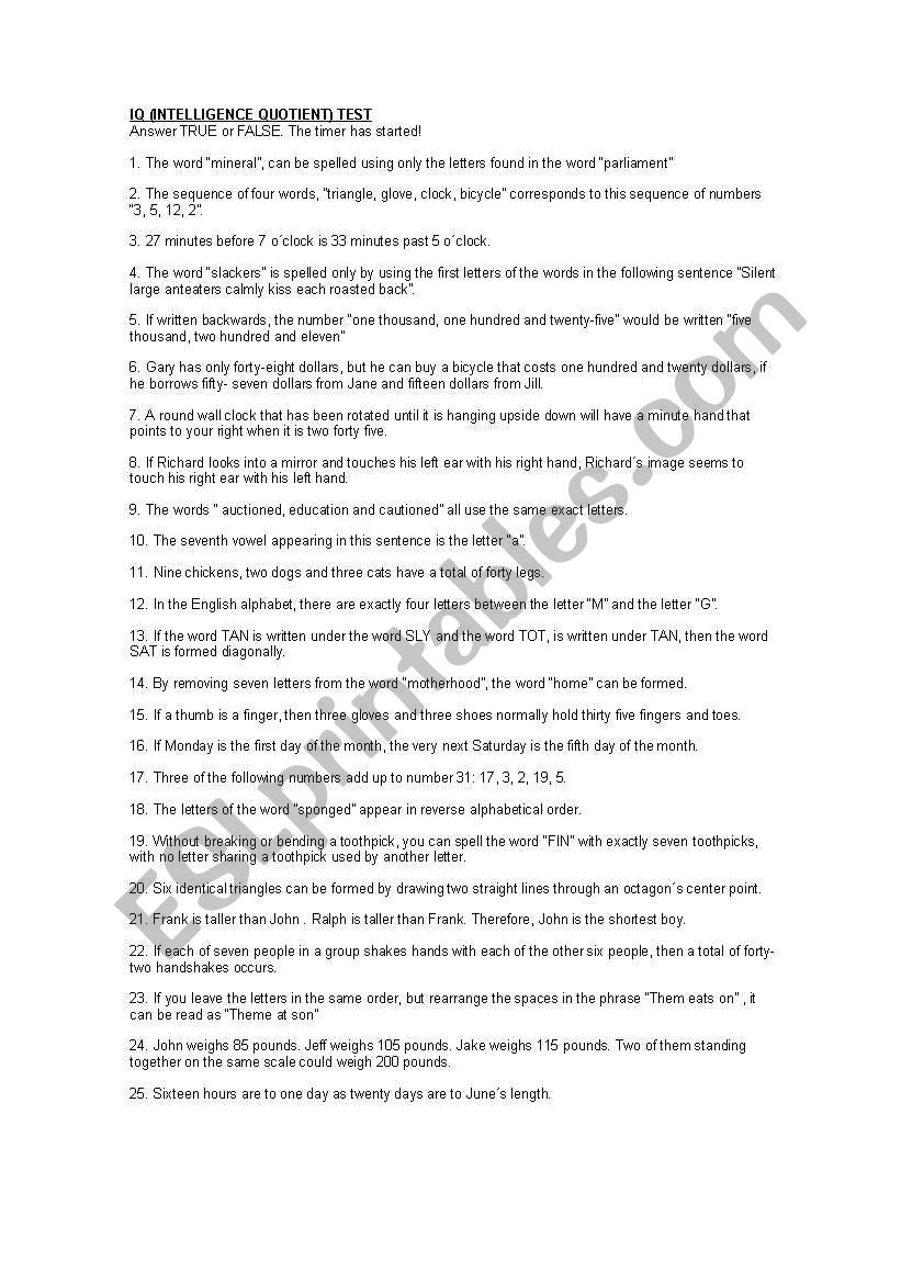 IQ test worksheet