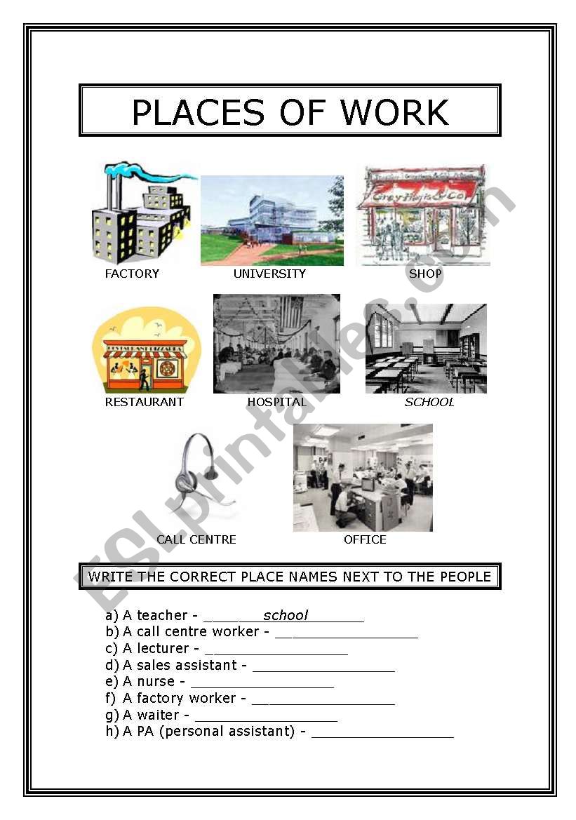 Places of work worksheet