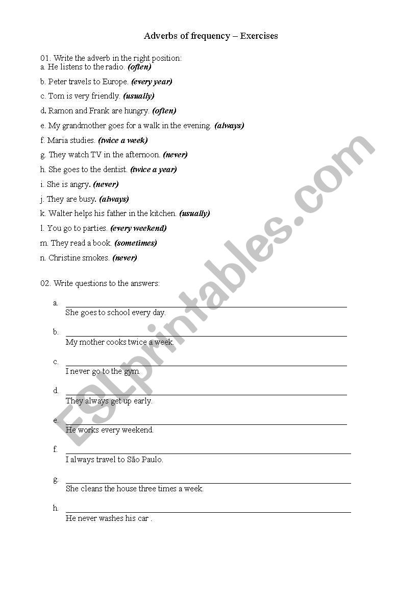 Adverbs of Frequency Exercises