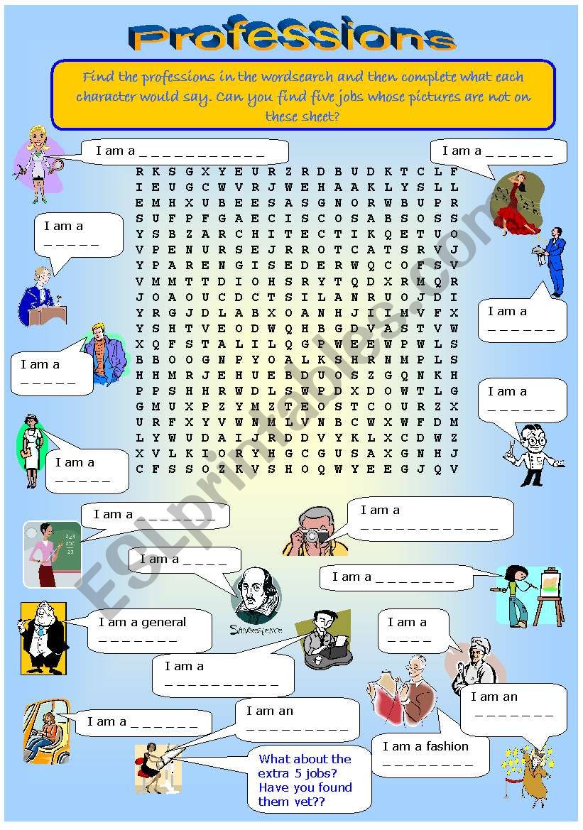 Wordsearch on Professions worksheet