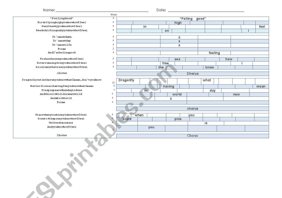 Exercise lyrics Feeling Good worksheet