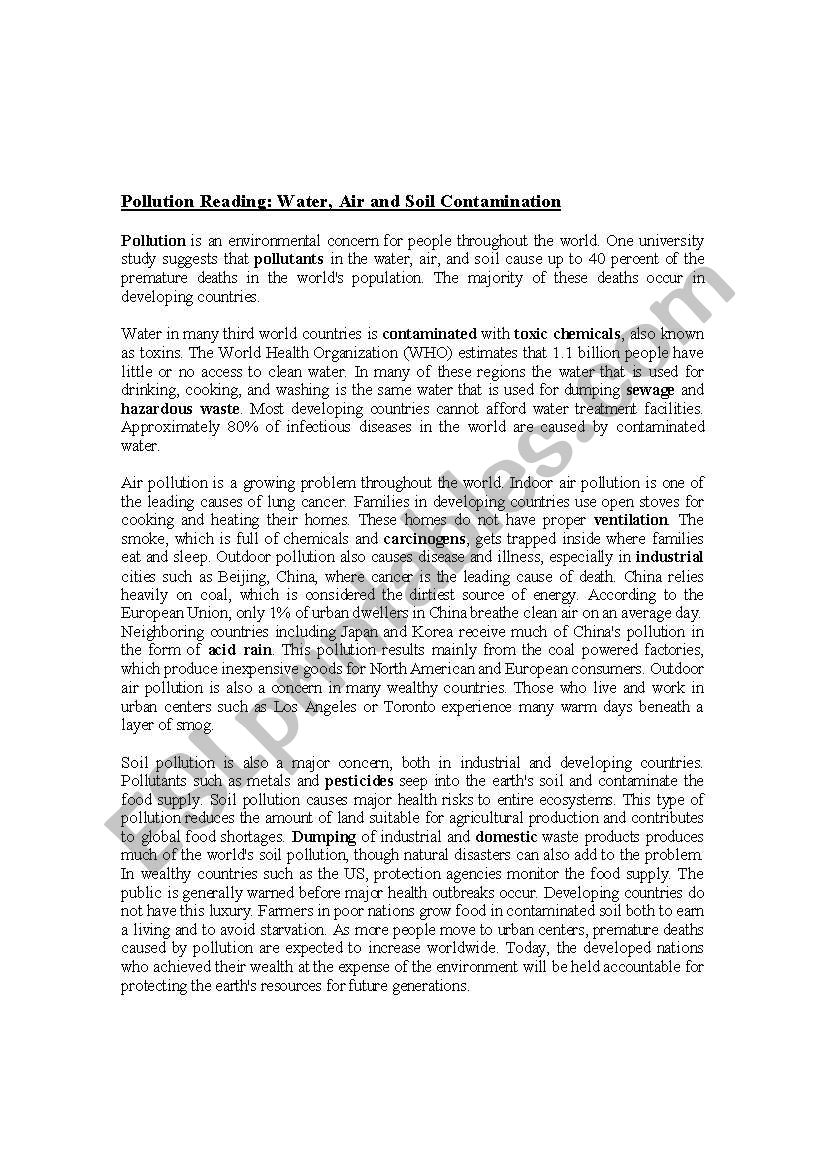 Enviromental Pollution worksheet