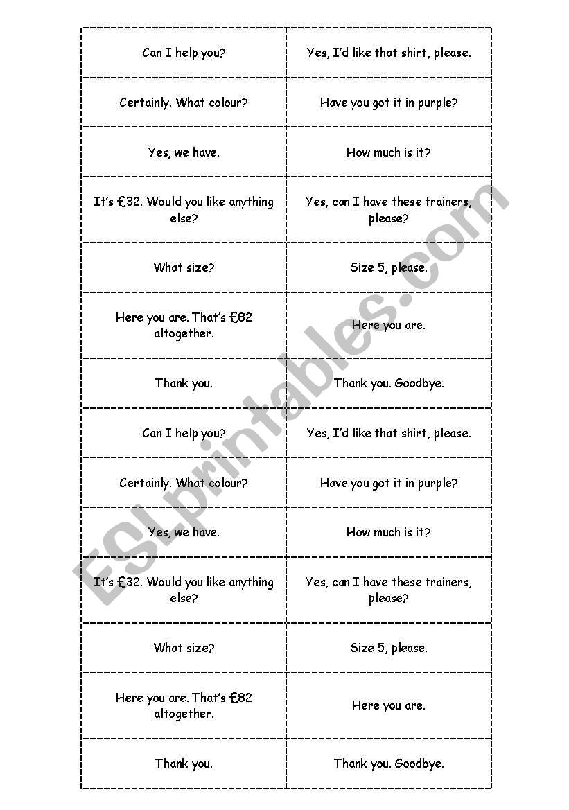 Shopping role play - Matching activity 