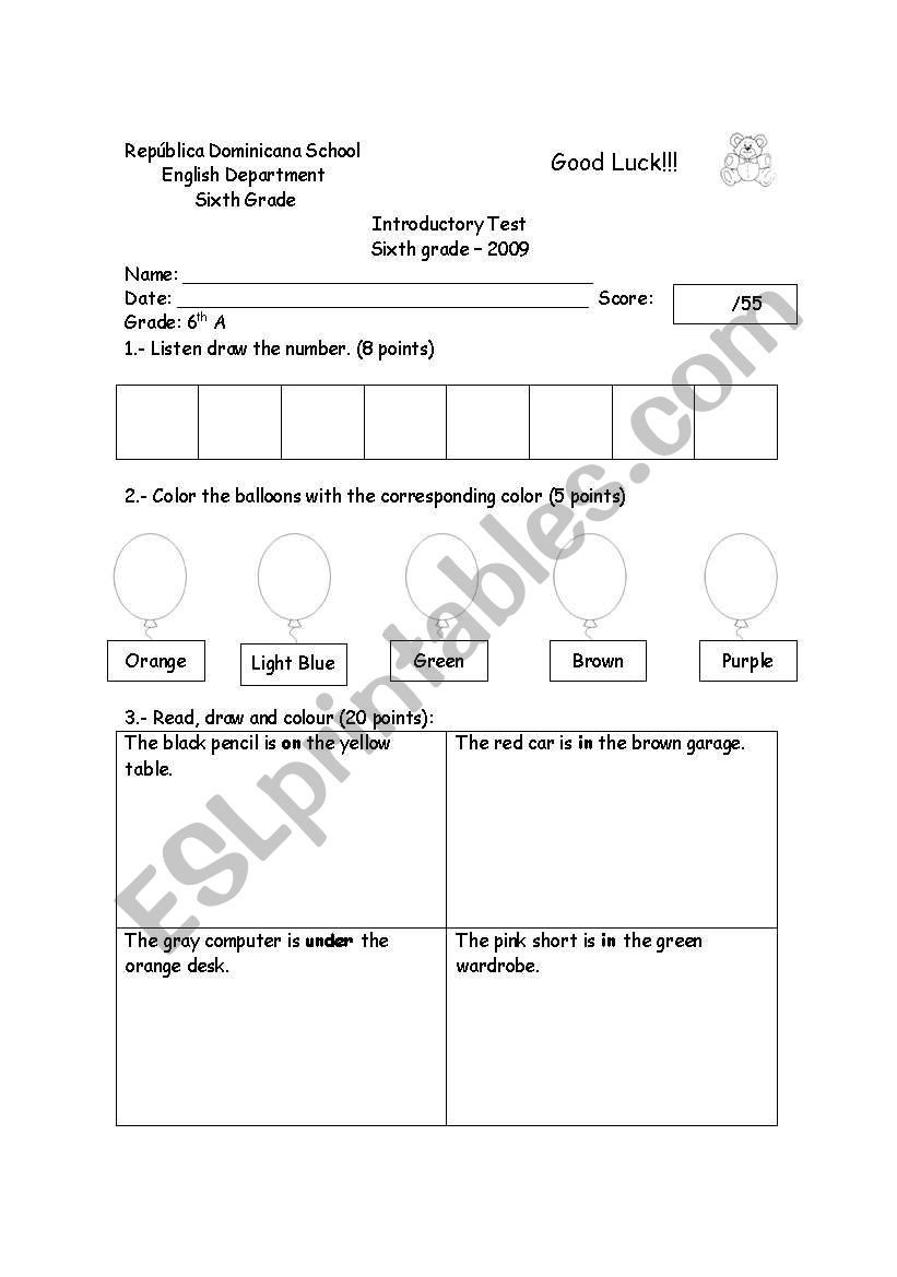 test, colors numbers and vocabulary