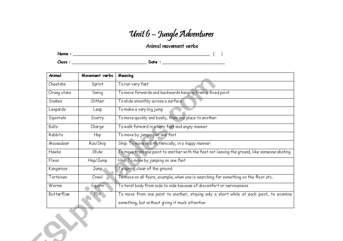 animal movement verbs - notes worksheet