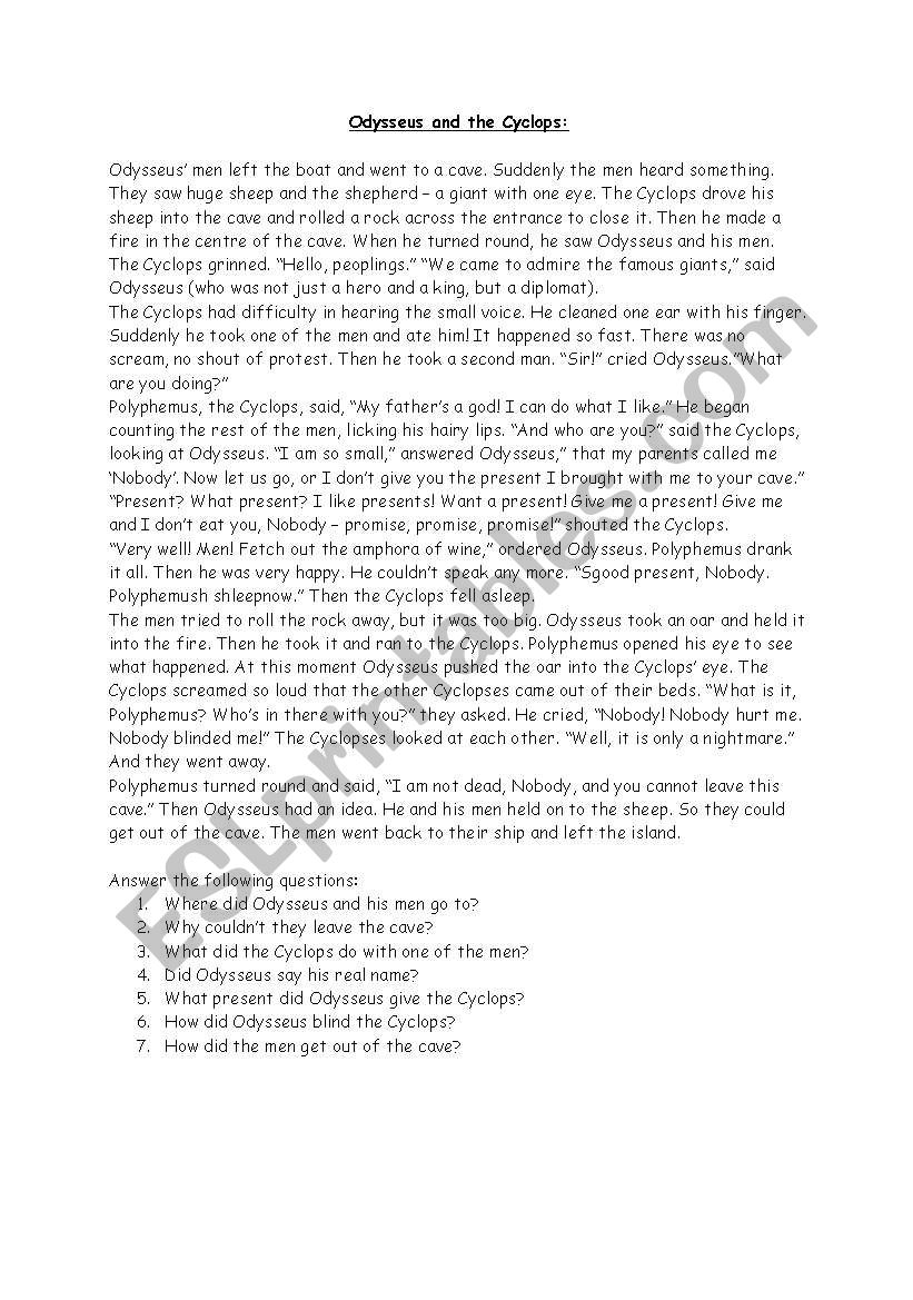 Odysseus and the Cyclops worksheet