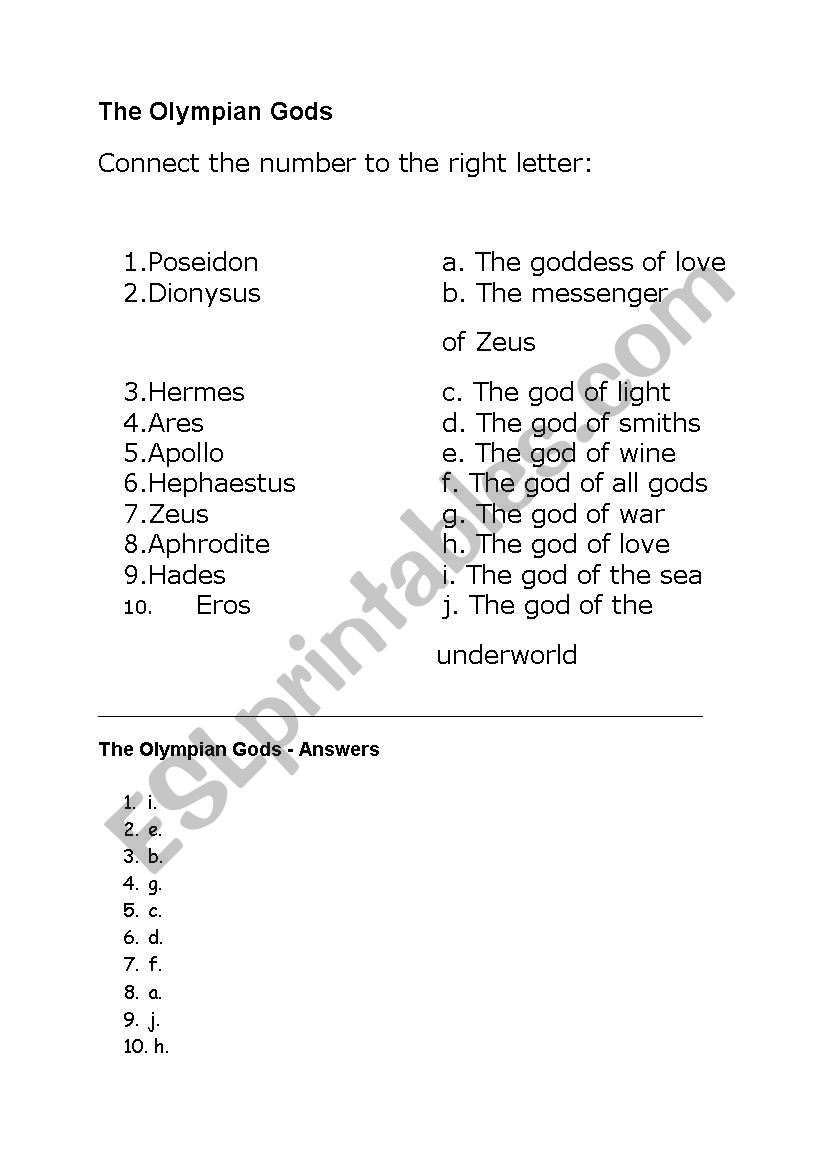 Olympian Gods worksheet