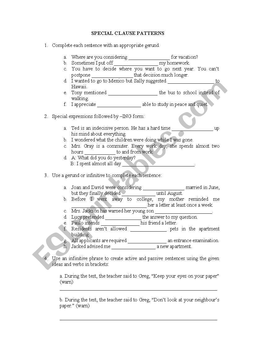 special clause pattern worksheet