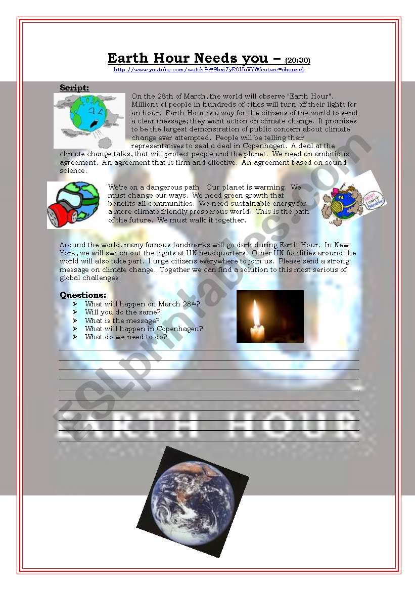 Youtube video: Earth Hour worksheet